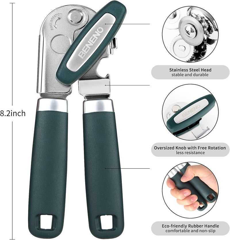 Beneno Heavy Duty Hand Can Opener Manual with Magnet, Durable Sharp Carbon Steel Blade Smooth Cutting, Big Effort-Saving Knob & Soft Grip Handle, Multifunctional Kitchen Tool with Bottle Opener, Green - Image 2